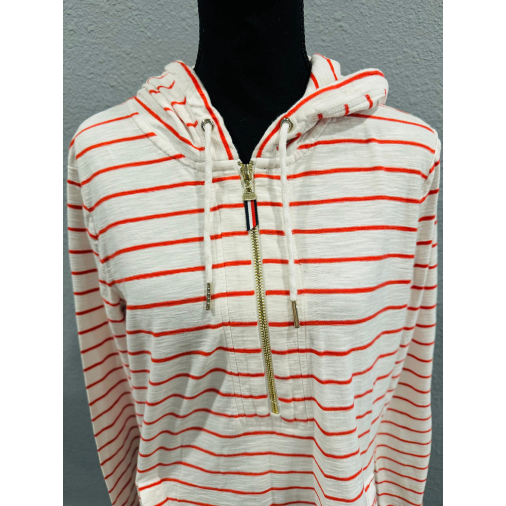 Tommy Hilfiger White & Red Striped Hoodie Top with Half-Zip - Size Large - Picture 6 of 16